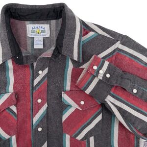 Vintage Alaska Wilderness Gear 1959 Red Gray Stripe Pearl Snap Flannel Shirt XL